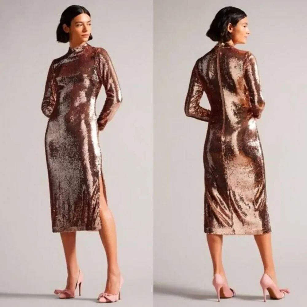 Ted Baker Brooklyn Long Sleeve Sequin Tube Dress, Brown Size 1 NWT